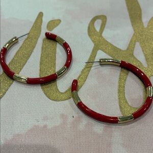 Red and Gold Enamel Open Hoop Pierced Earrings